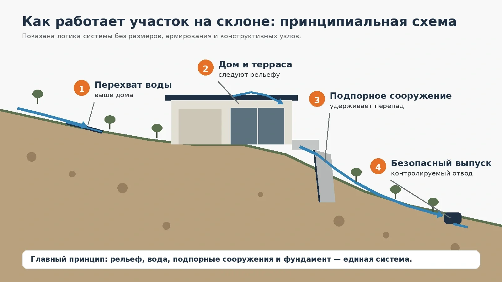 Принципиальная схема работы с водой на склоне: перехват сверху, дом и терраса, подпорное сооружение и безопасный выпуск
